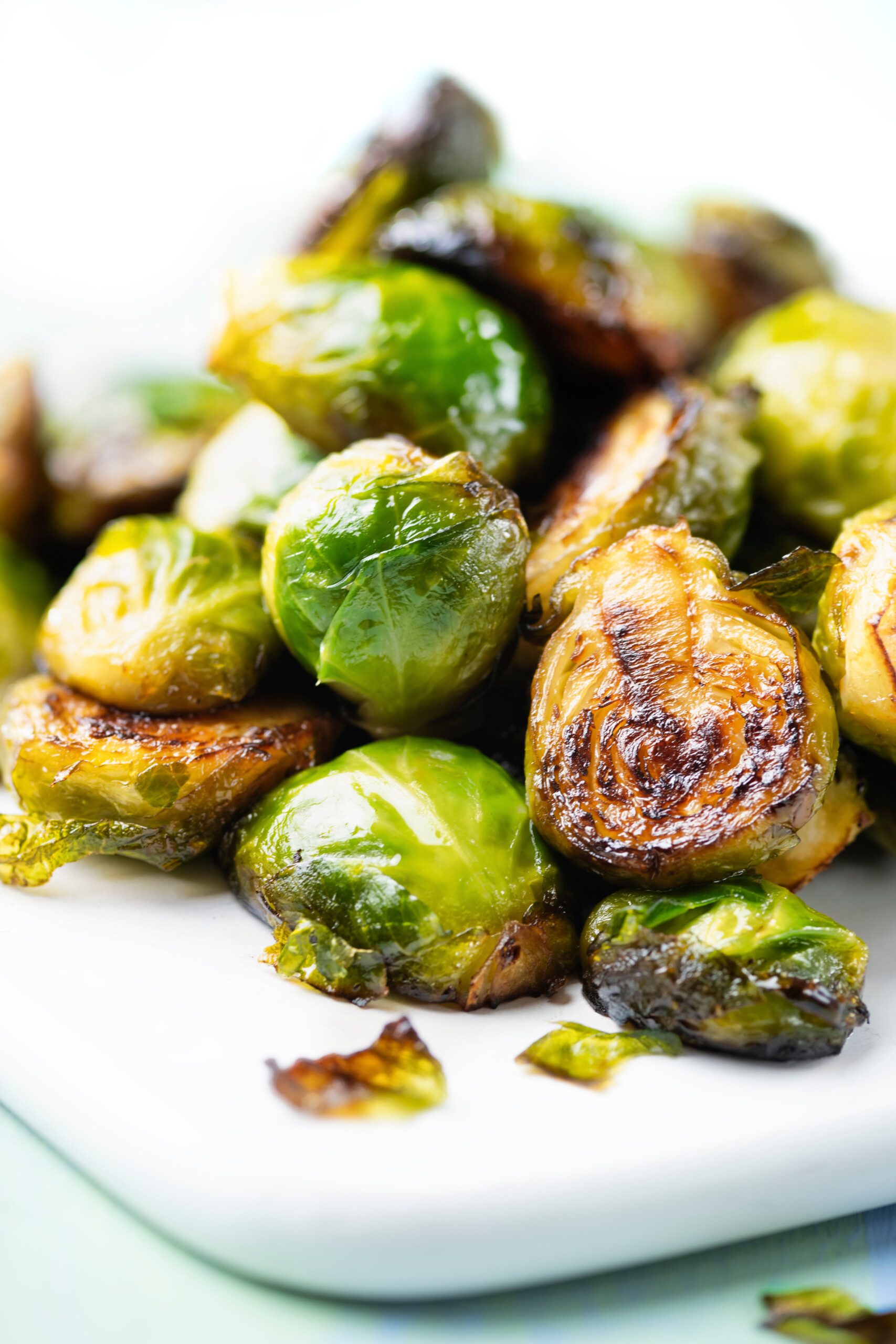 cutting board with roasted brussel sprouts