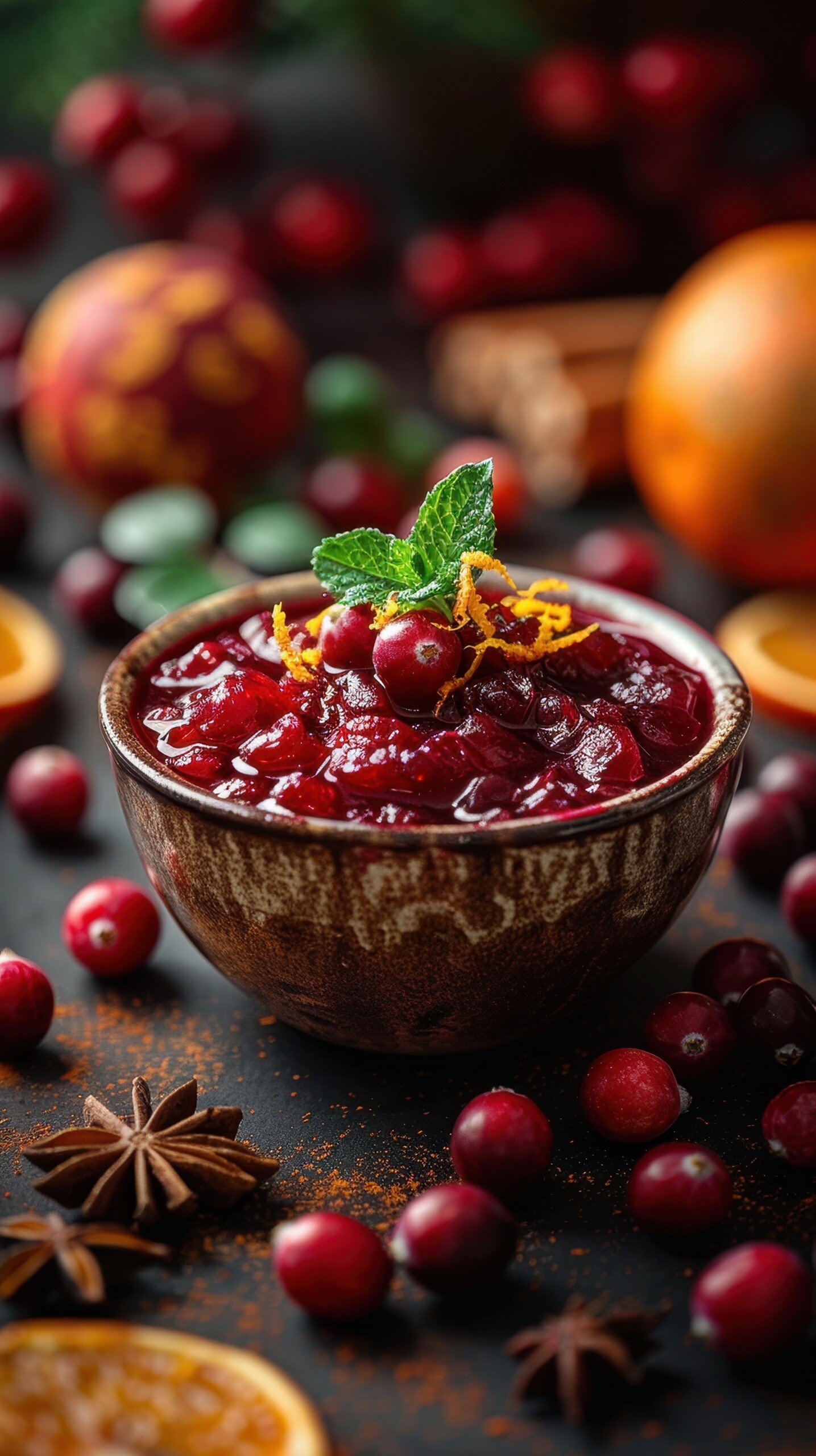 a bowl of cranberry relish with oranges and cranberries scattered around the table top