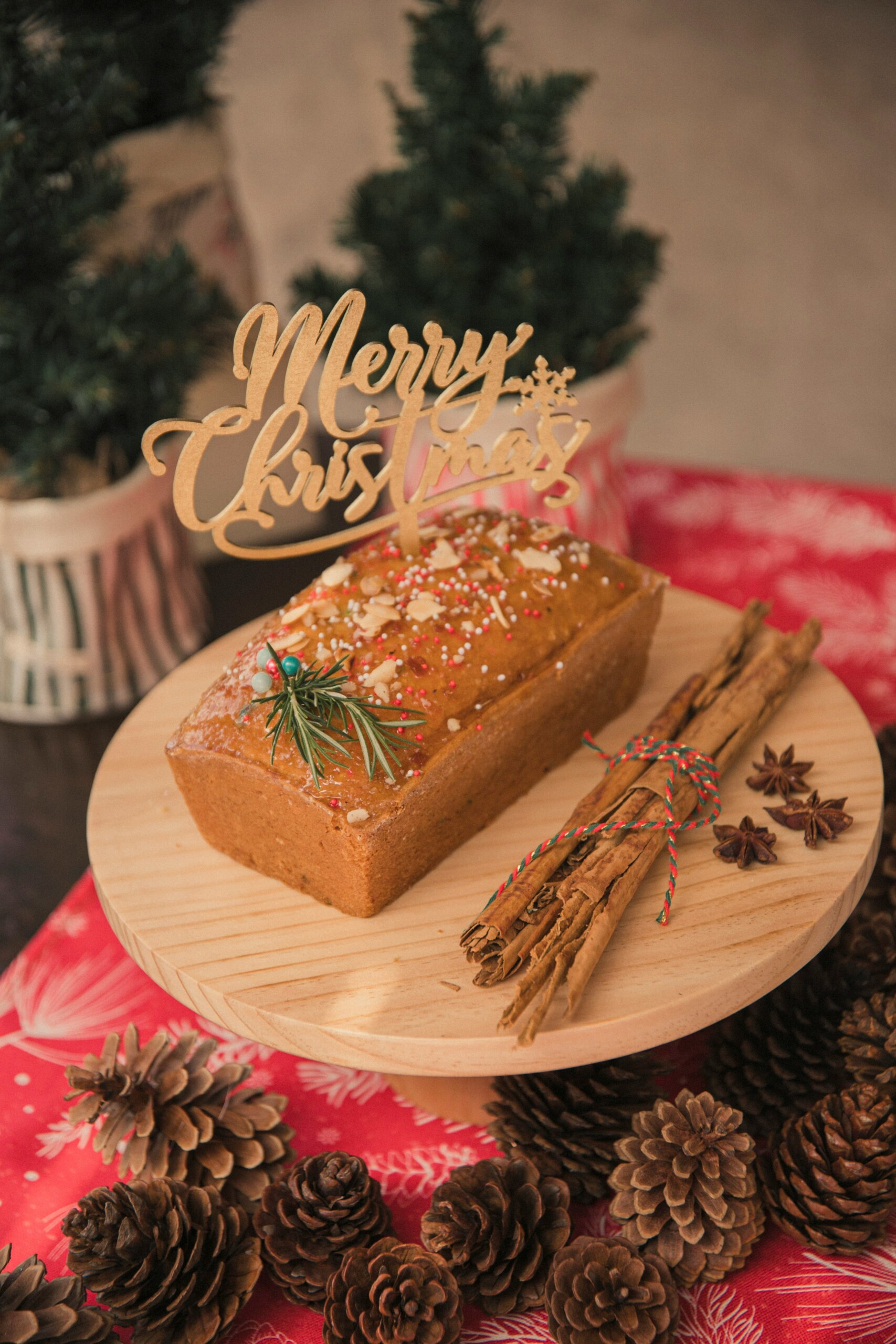 woodeen cake plate with dessert bread and Merry Christmas