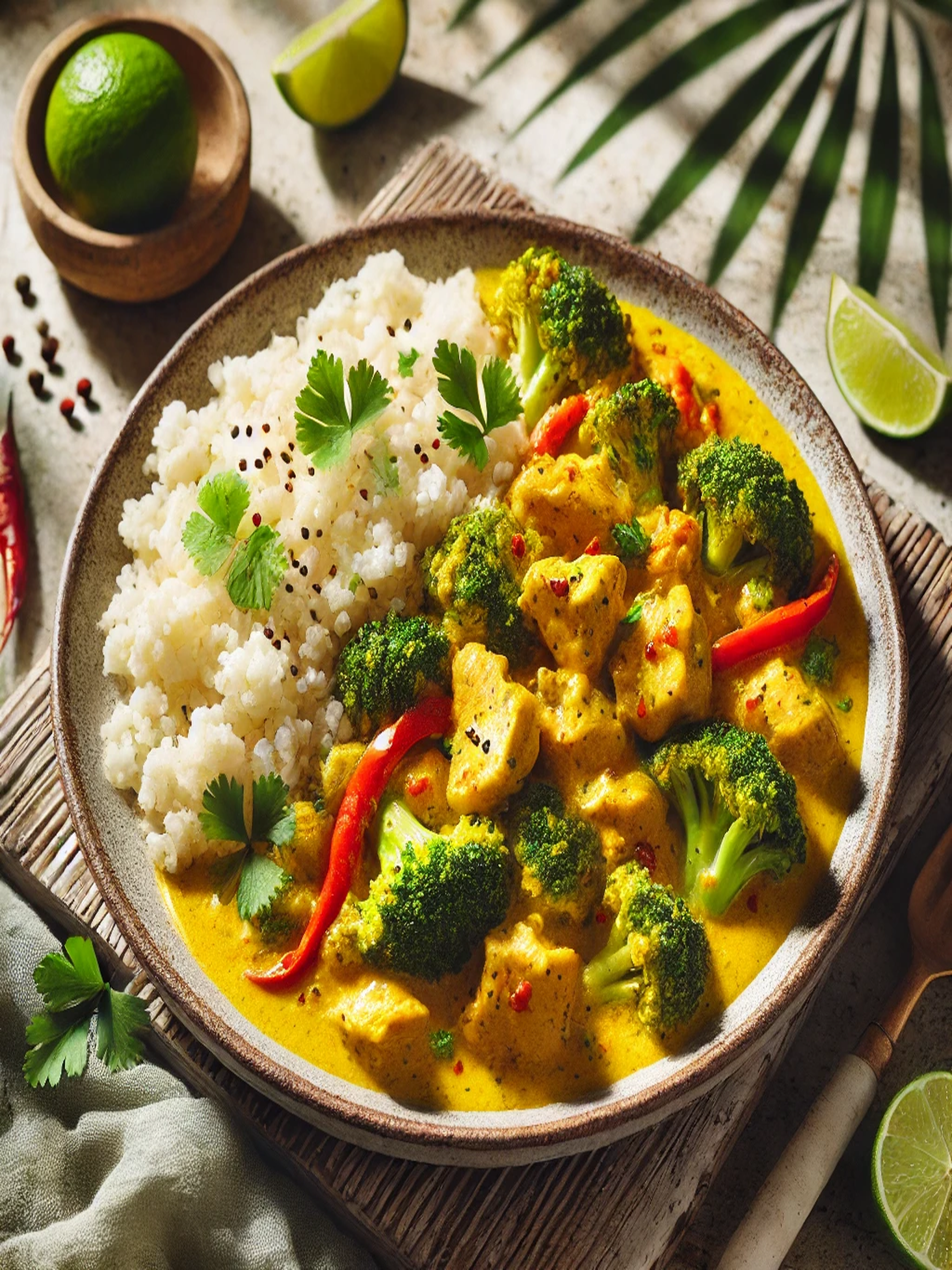 bowl ofCoconut Curry Chicken with Cauliflower Rice with broccoli, red peppers on a table clothe with a lime slice