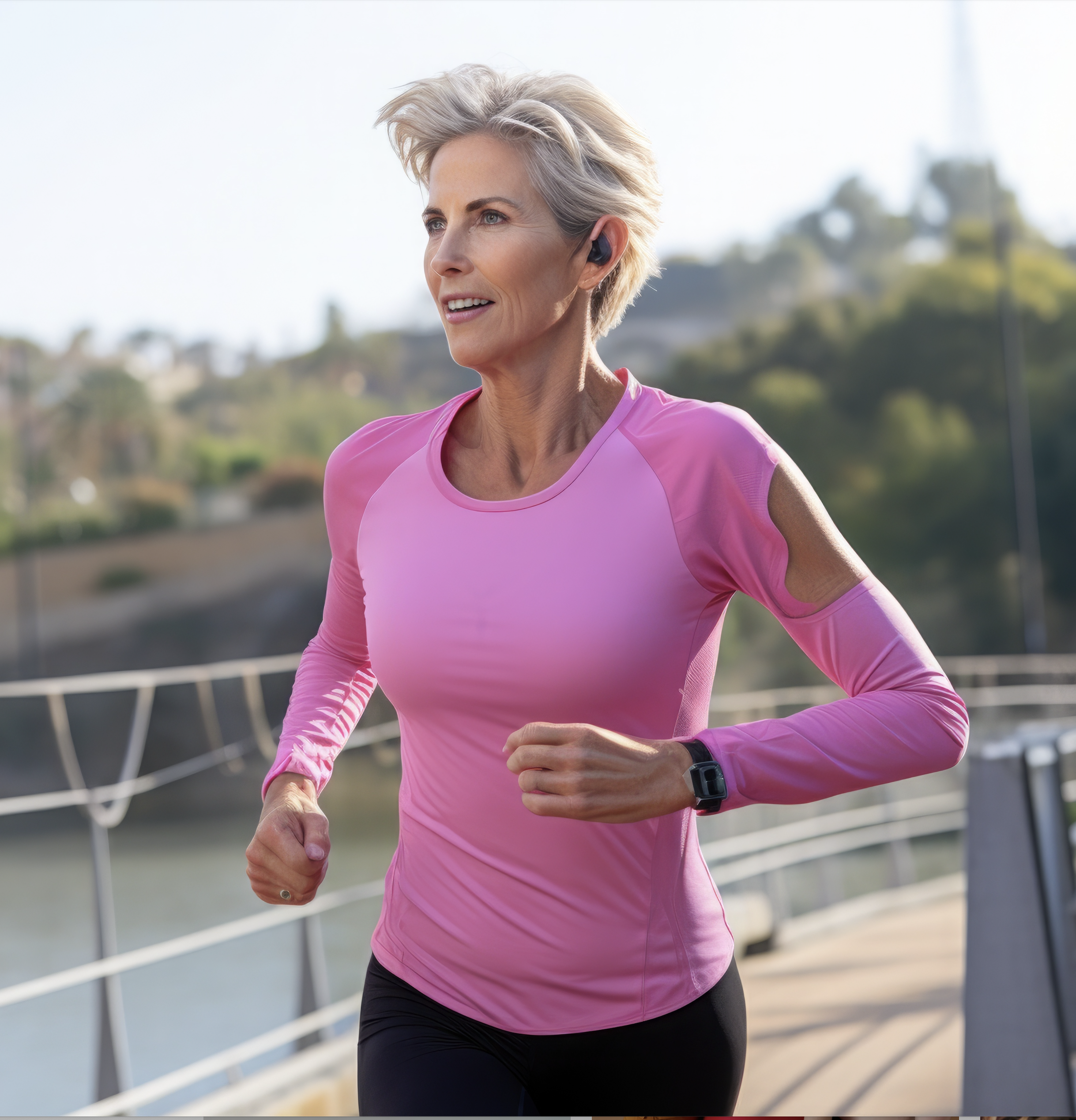 woman with short grey hair in pink fitness top running.
