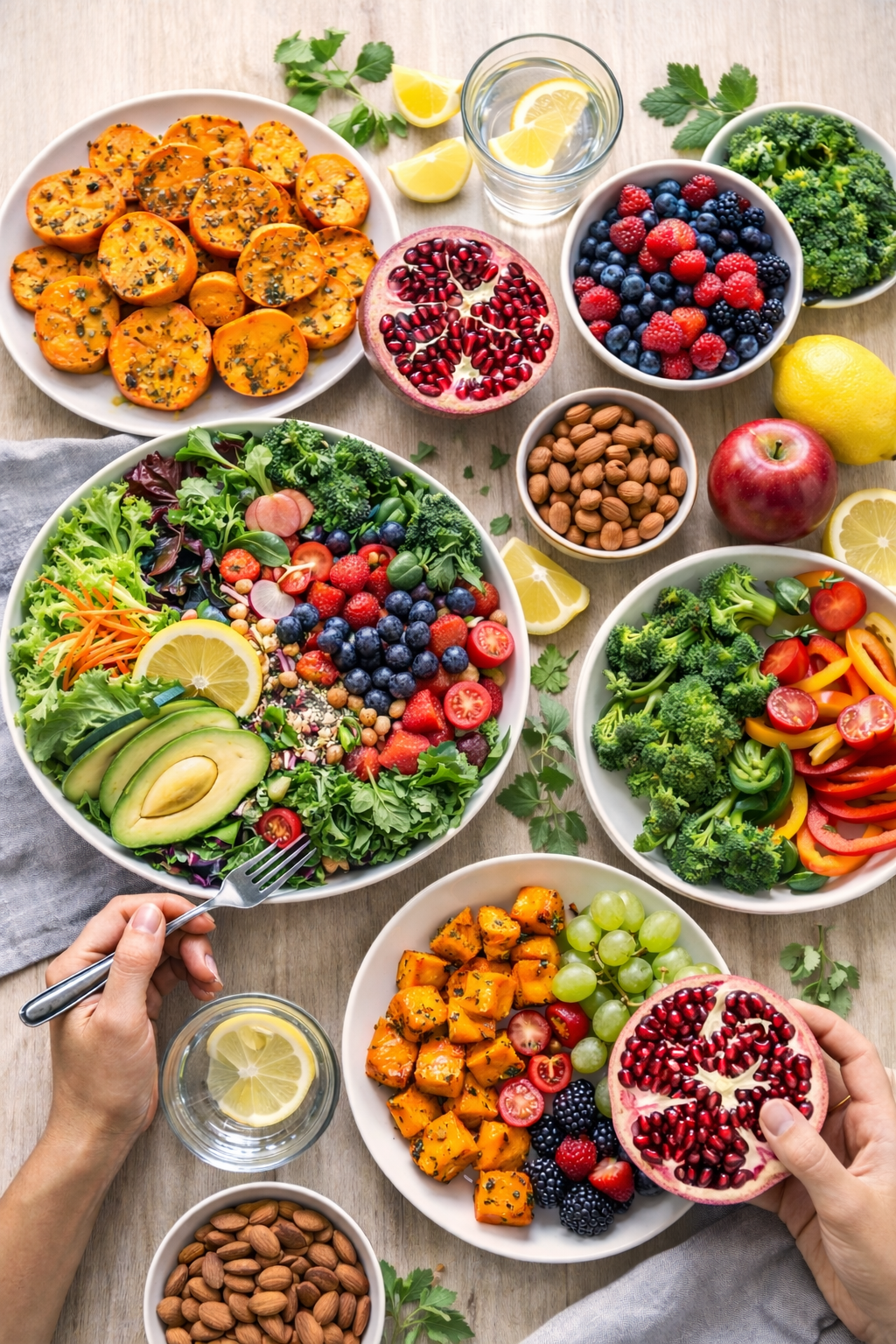 Healthy whole foods meal with sweet potatoes, pomegranate, fresh fruits, vegetables, and leafy greens on a table